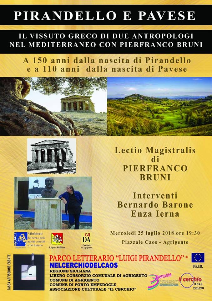 La grecità dei miti tra Pirandello e Pavese raccontata  da Pierfranco Bruni per una Giornata Mondiale della Cultura Greca nei Templi di Agrigento Mercoledì 25 Luglio