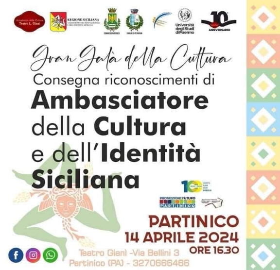 Consegna del riconoscimento di "Ambasciatore della Cultura e dell'Identità Siciliana" a Tommaso Romano. Partinico, 14 Aprile 2024