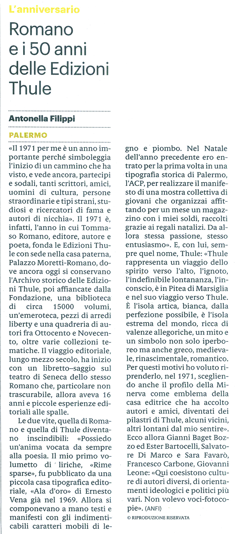 "Romano e i 50 anni delle Edizioni Thule" - di Antonella Filippi