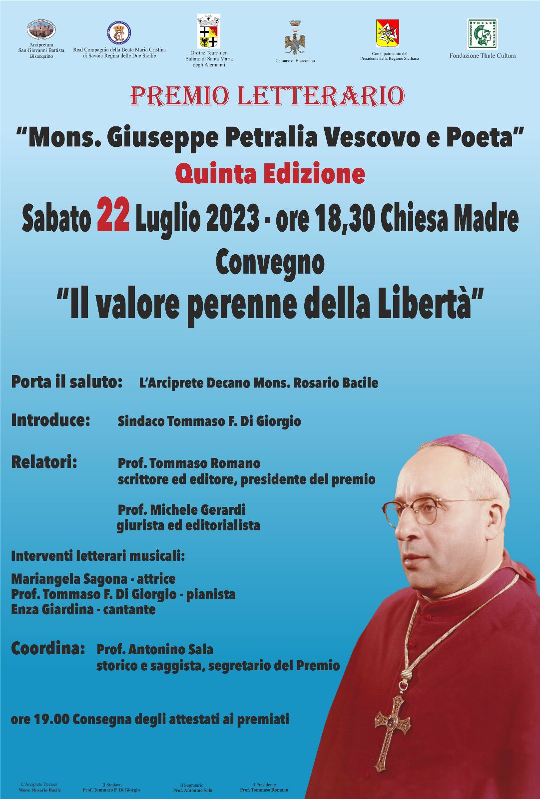 Quinta edizione del premio letterario "Mons. Giuseppe Petralia Vescovo e Poeta", sabato 22 luglio 2023 a Bisacquino  