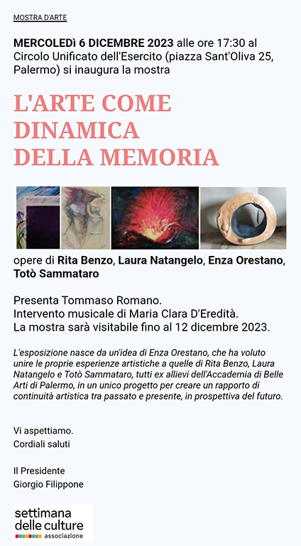 Inaugurazione della mostra "L'arte come dinamica della memoria". Mercoledì 6 dicembre 2023 a Palermo