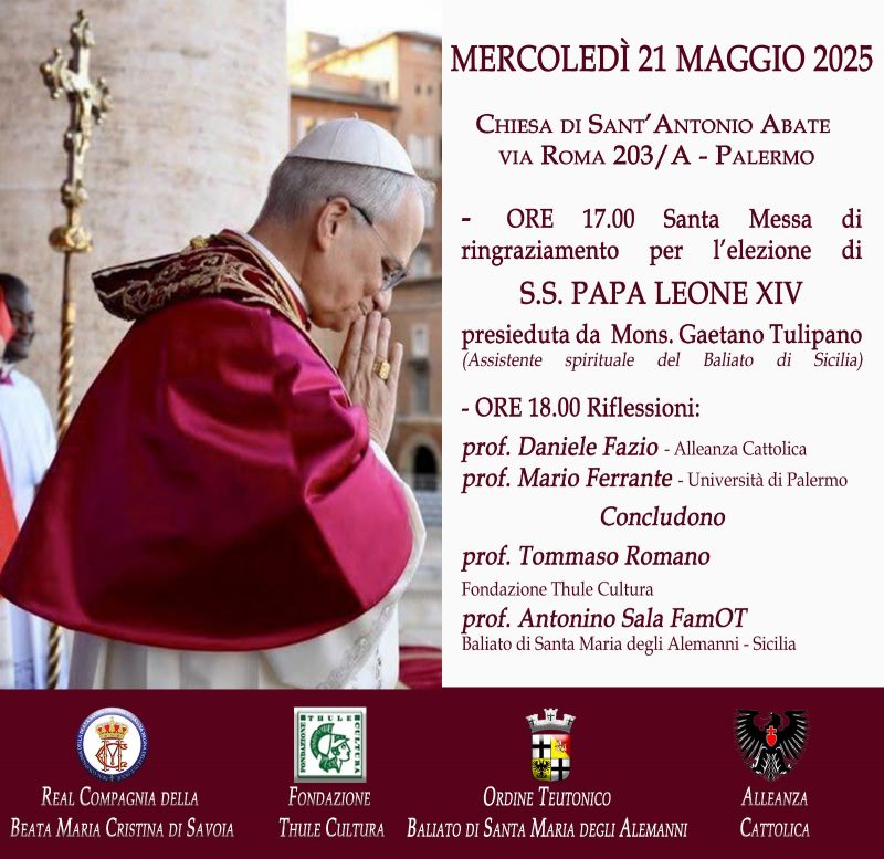 Santa Messa di ringraziamento per l'elezione di S.S. Papa Leone XIV. Mercoledì 21 maggio 2025 a Palermo