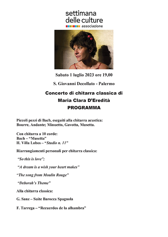 Concerto di chitarra classica di Maria Clara D’Eredità. 1 Luglio 2023 a Palermo