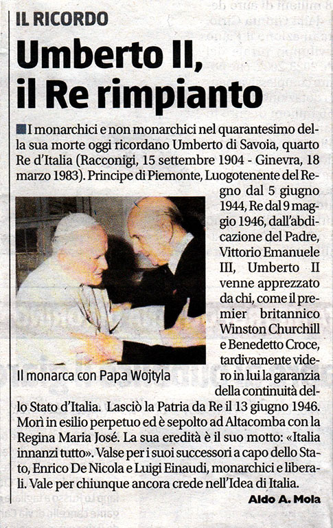 "Il Ricordo del Re Umberto II  nell’anniversario della sua scomparsa" di Aldo A. Mola