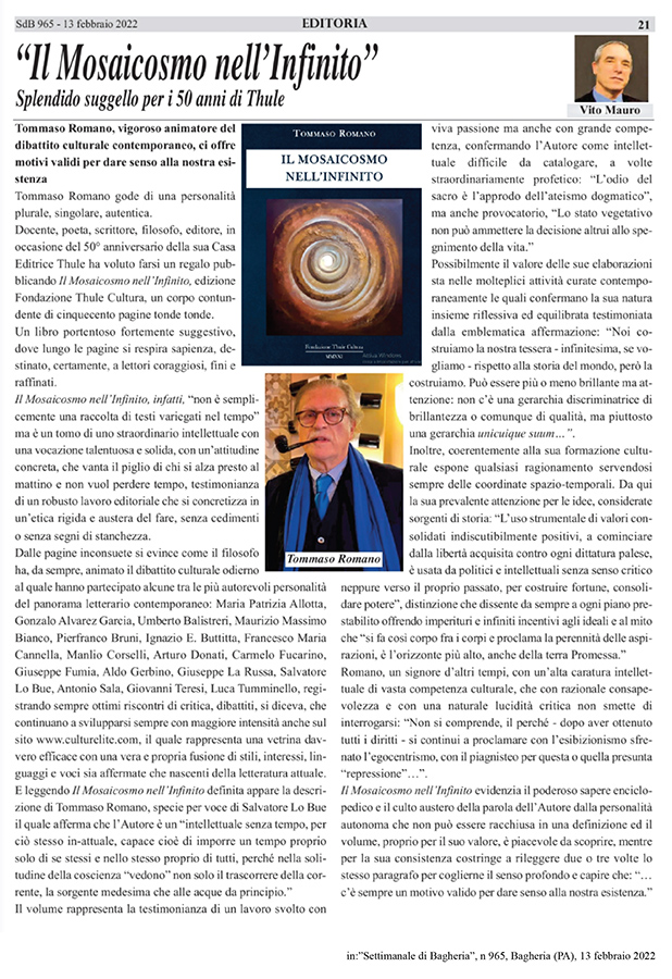 Tommaso Romano, "Il Mosaicosmo nell'Infinito" (Ed. Thule) - di Vito Mauro