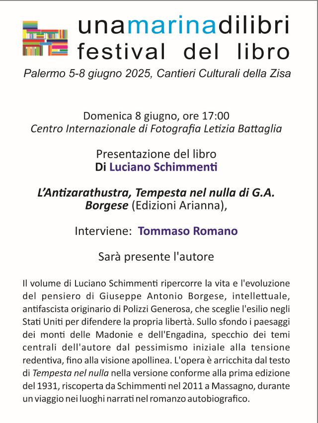 Presentazione del libro di Luciano Schimmenti  L’ANTIZARATHUSTRA, TEMPESTA NEL NULLA DI G. A. BORGESE. Domenica 8 giugno a una Marina di Libri di Palermo